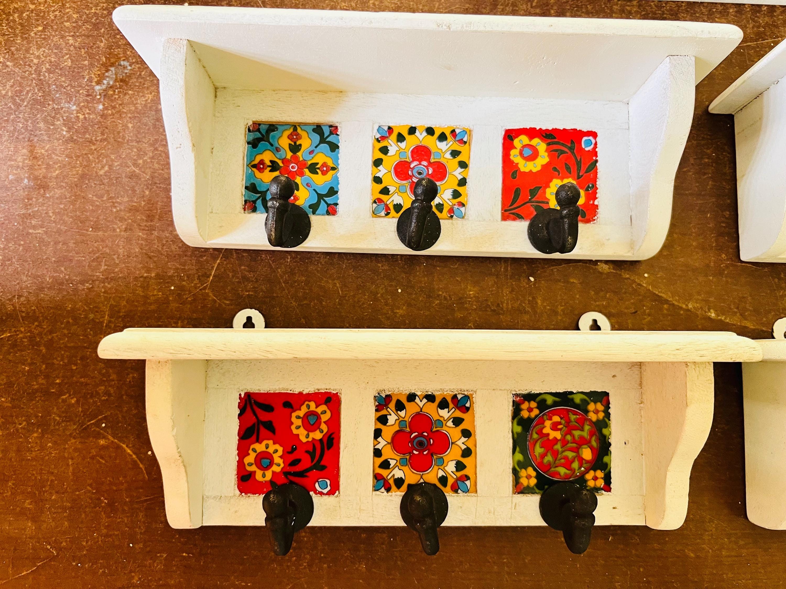 Key Holder Rustic White Wood : Colorful Ceramic Tile Rack