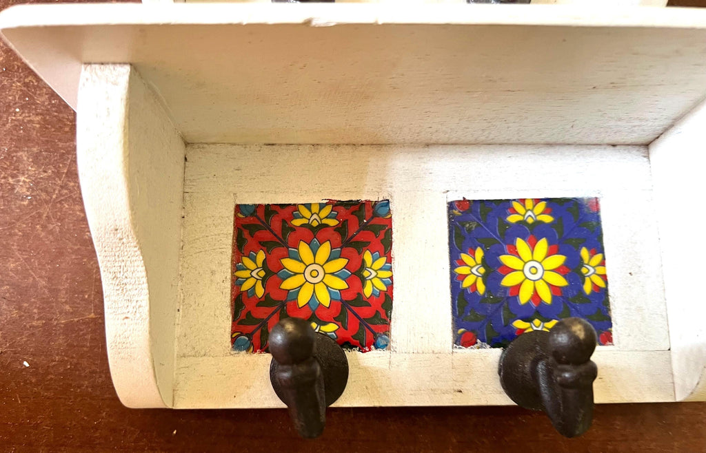 Bohemian Entryway Wall Hook  White Wooden Key Rack with Ceramic Tile Inlay - Modern Entryway Organizer