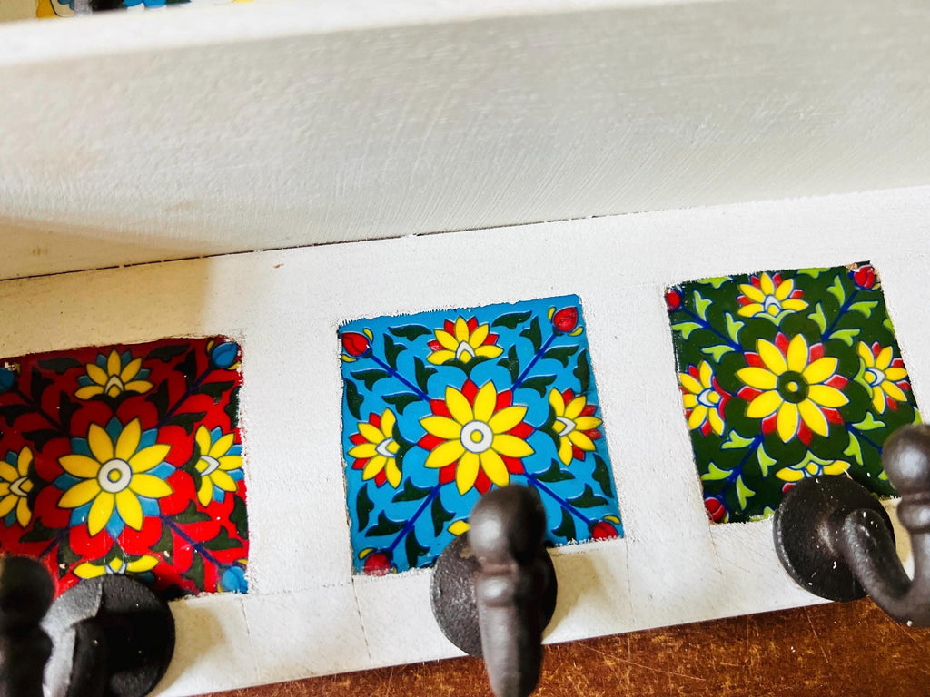 Bohemian Entryway Wall Hook  White Wooden Key Rack with Ceramic Tile Inlay - Modern Entryway Organizer