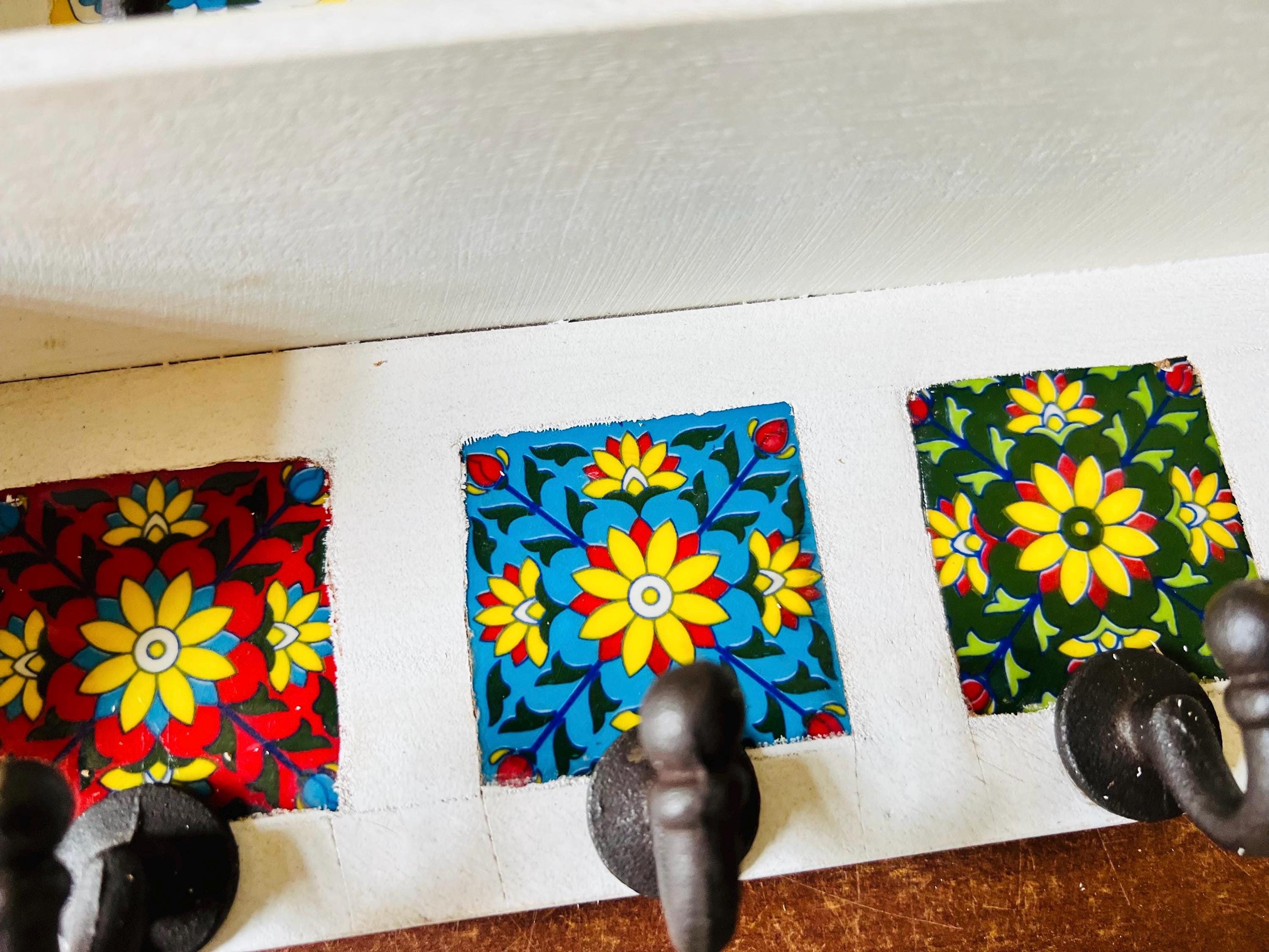 Bohemian Entryway Wall Hook  White Wooden Key Rack with Ceramic Tile Inlay - Modern Entryway Organizer