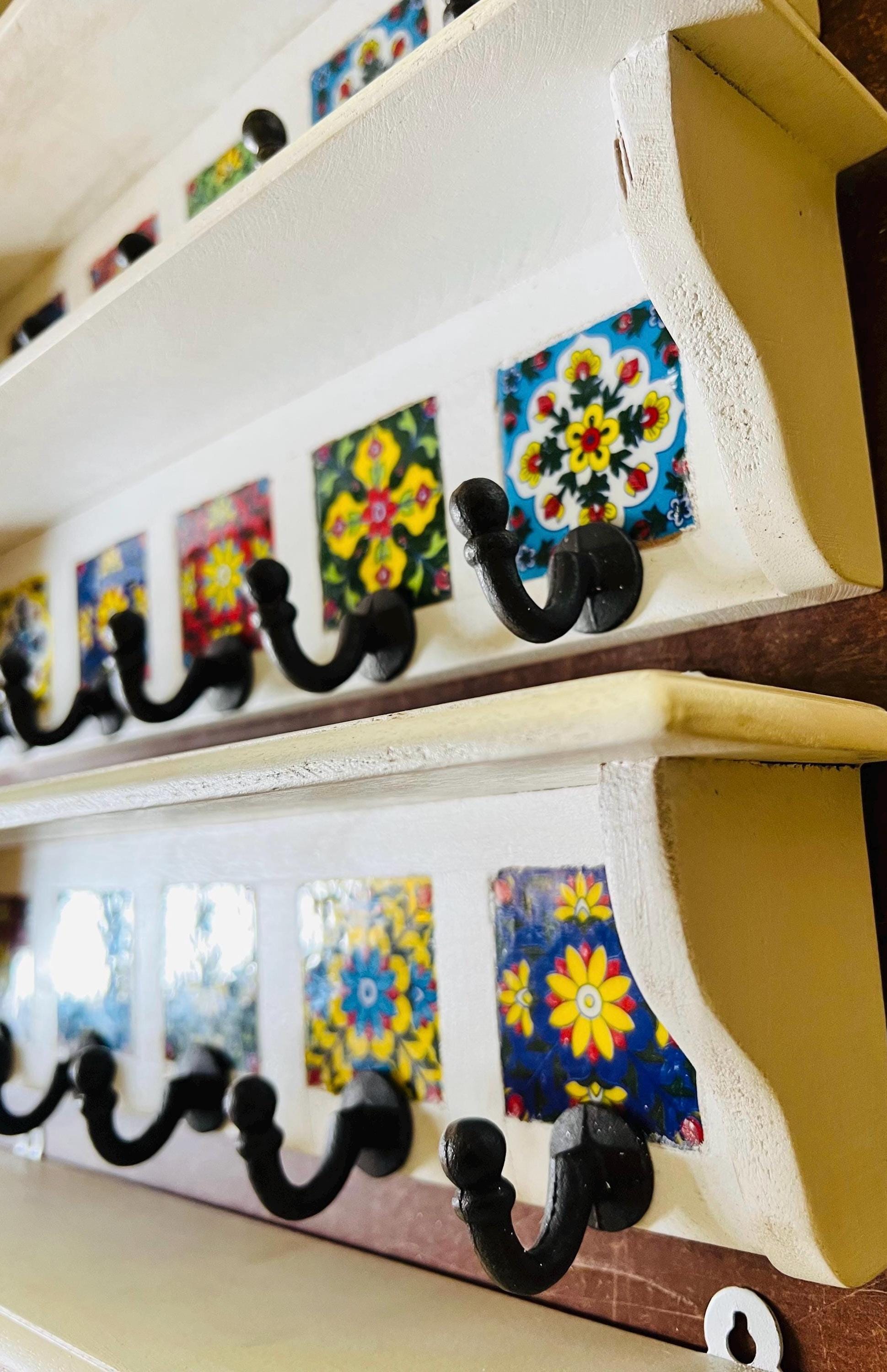 Bohemian Entryway Wall Hook  White Wooden Key Rack with Ceramic Tile Inlay - Modern Entryway Organizer