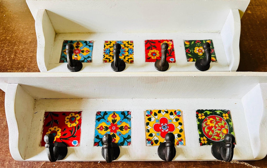 Bohemian Entryway Wall Hook  White Wooden Key Rack with Ceramic Tile Inlay - Modern Entryway Organizer