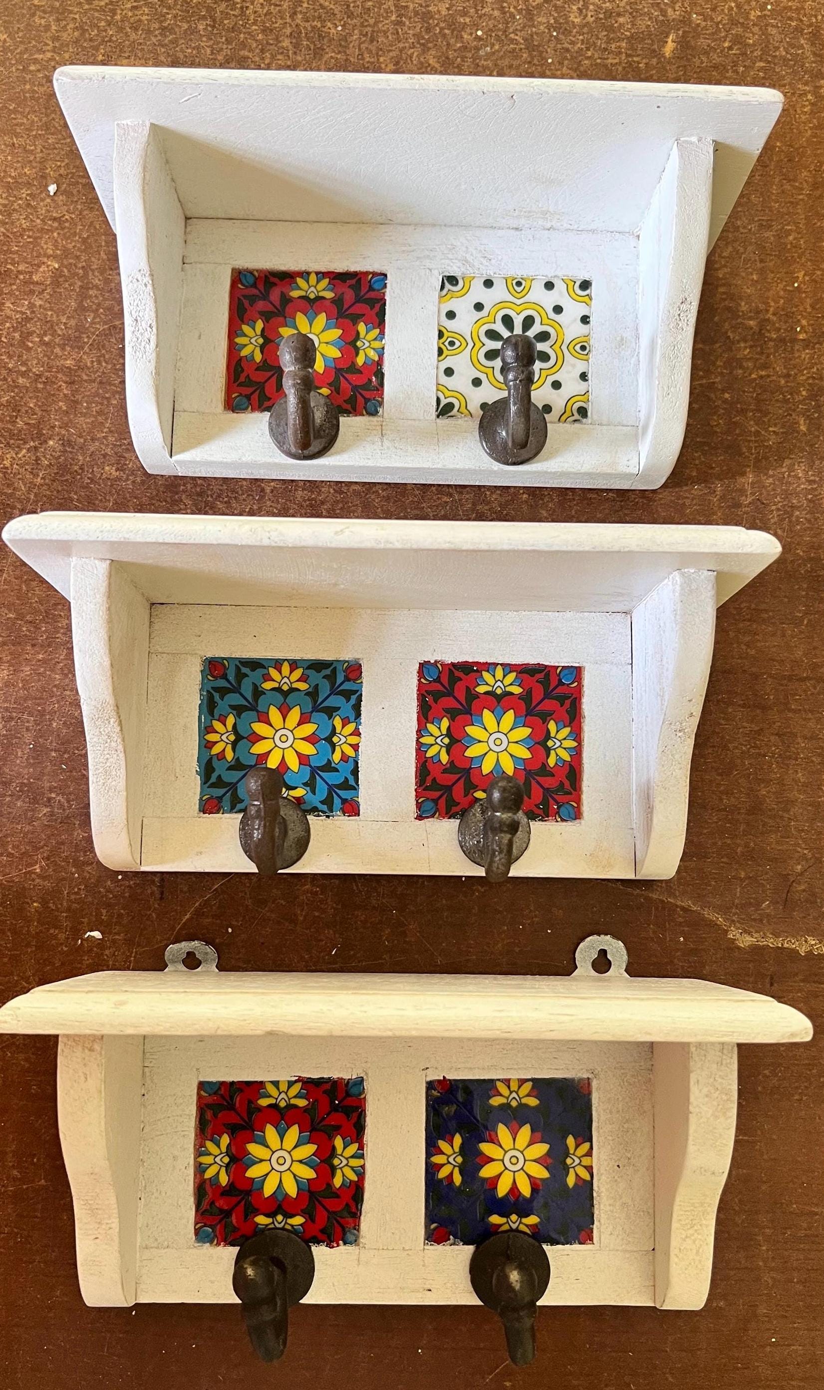 Bohemian Entryway Wall Hook  White Wooden Key Rack with Ceramic Tile Inlay - Modern Entryway Organizer