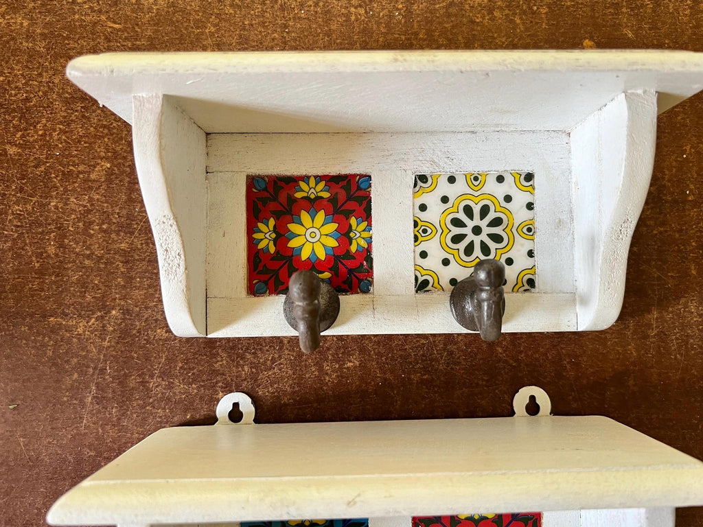 Bohemian Entryway Wall Hook  White Wooden Key Rack with Ceramic Tile Inlay - Modern Entryway Organizer
