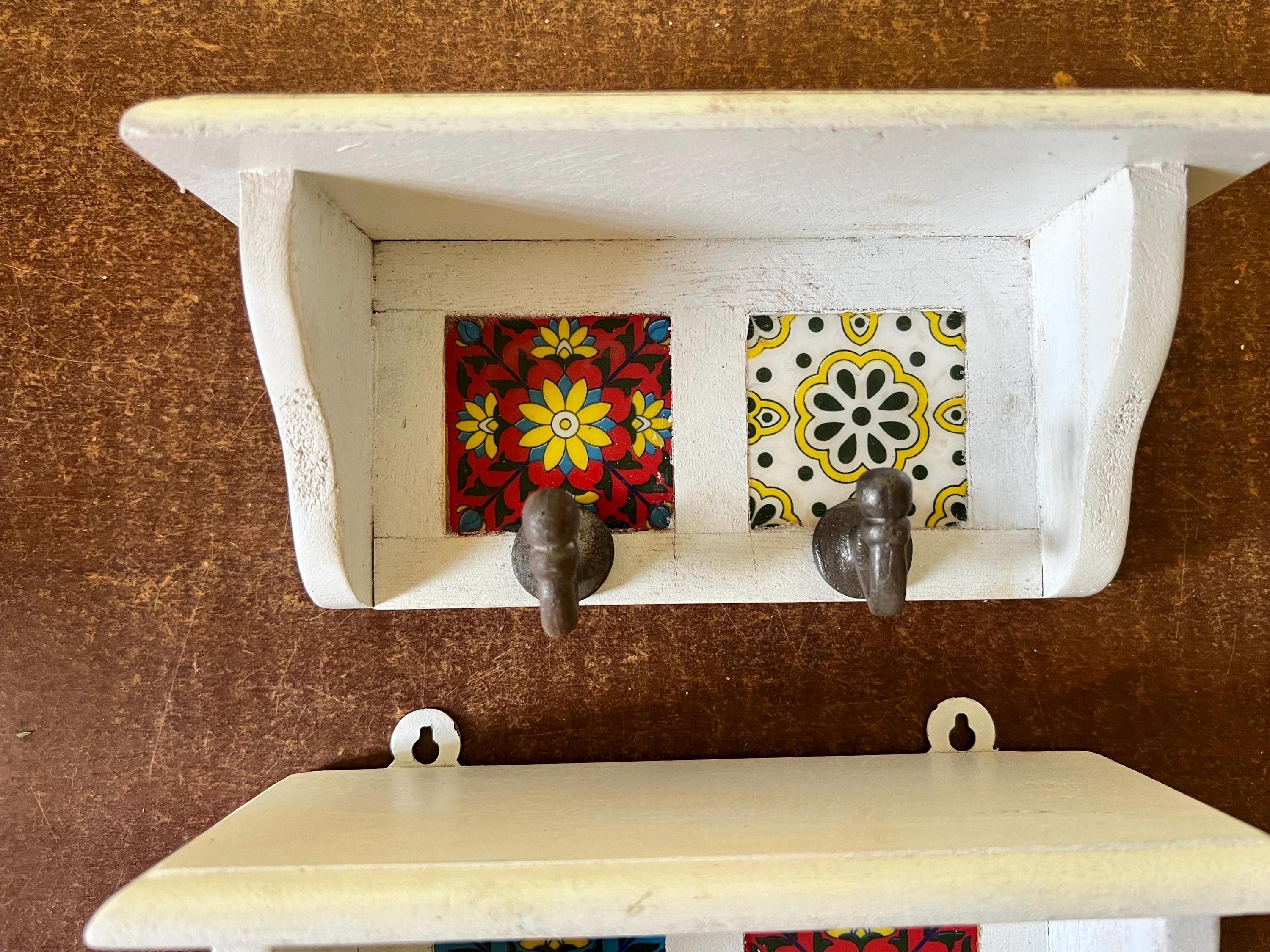 Bohemian Entryway Wall Hook  White Wooden Key Rack with Ceramic Tile Inlay - Modern Entryway Organizer