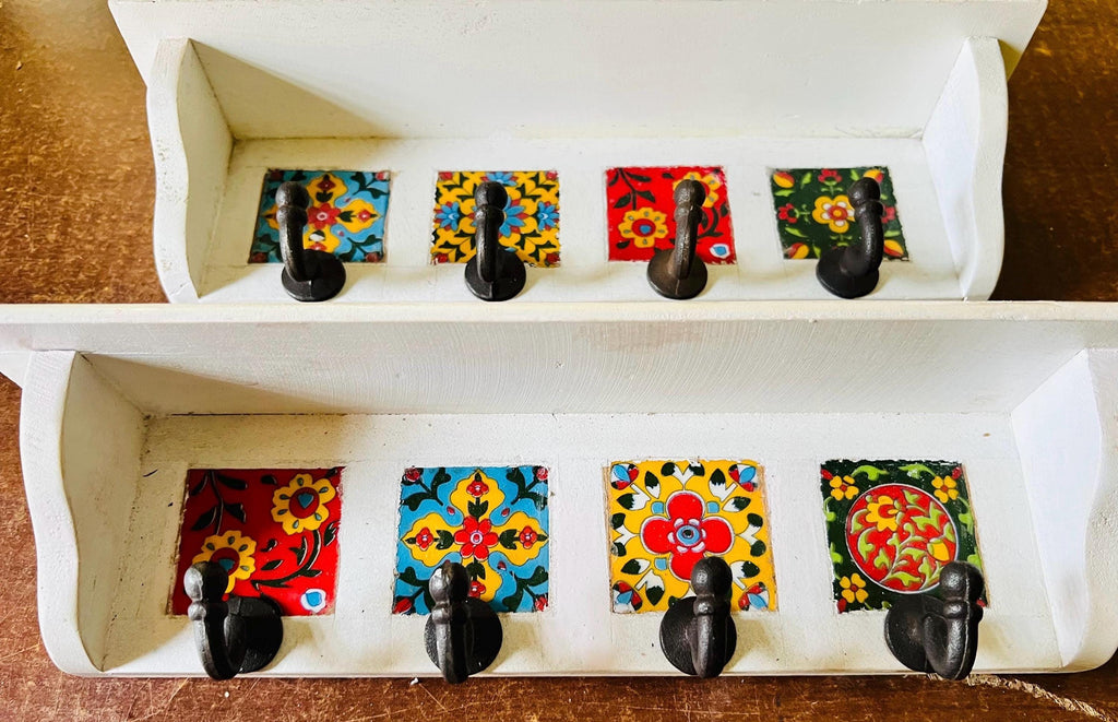 Bohemian Entryway Wall Hook  White Wooden Key Rack with Ceramic Tile Inlay - Modern Entryway Organizer