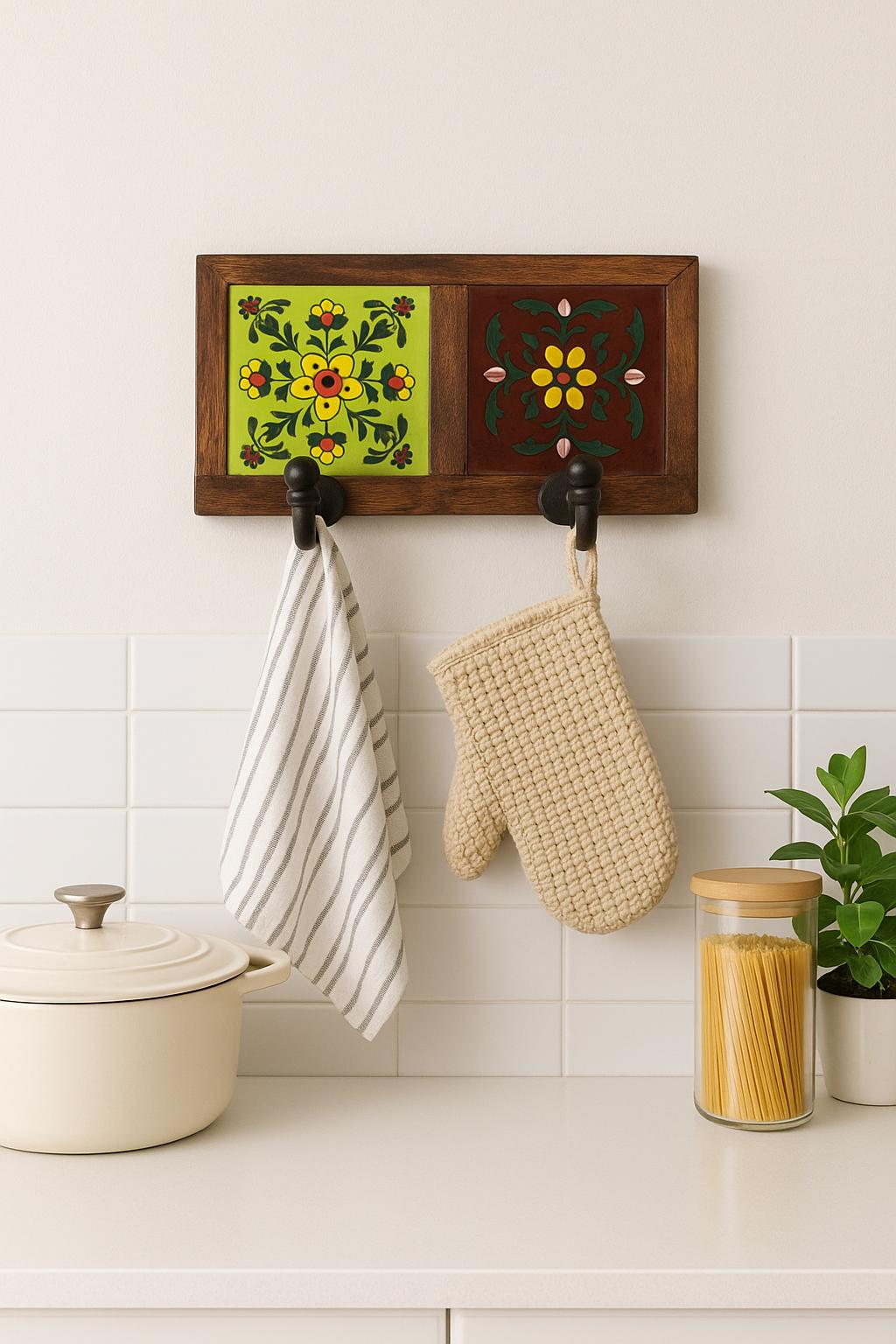 Ceramic Tile Key Rack - Wooden Wall Hook