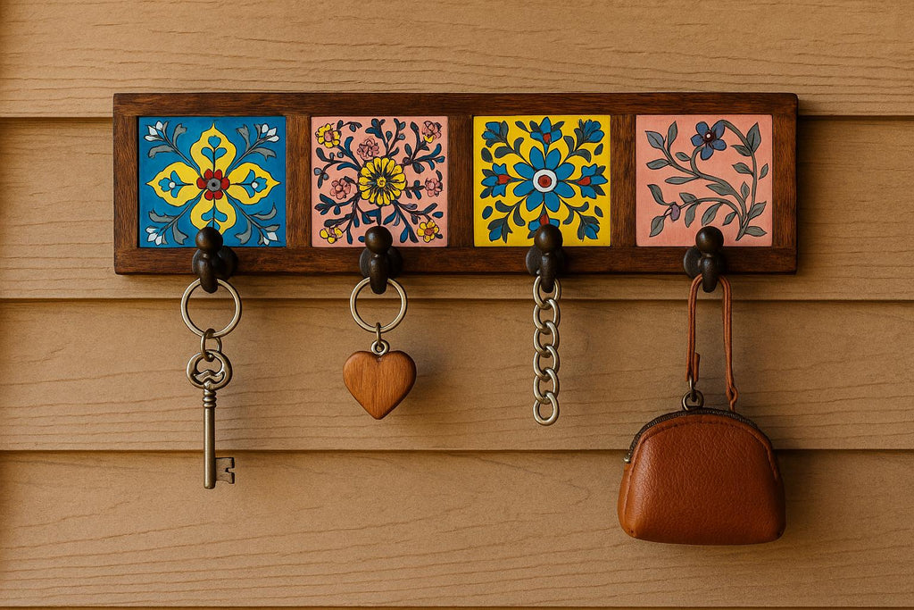 Inlay Ceramic Tile Key Rack  Wooden Wall Hook for Entryway or Office