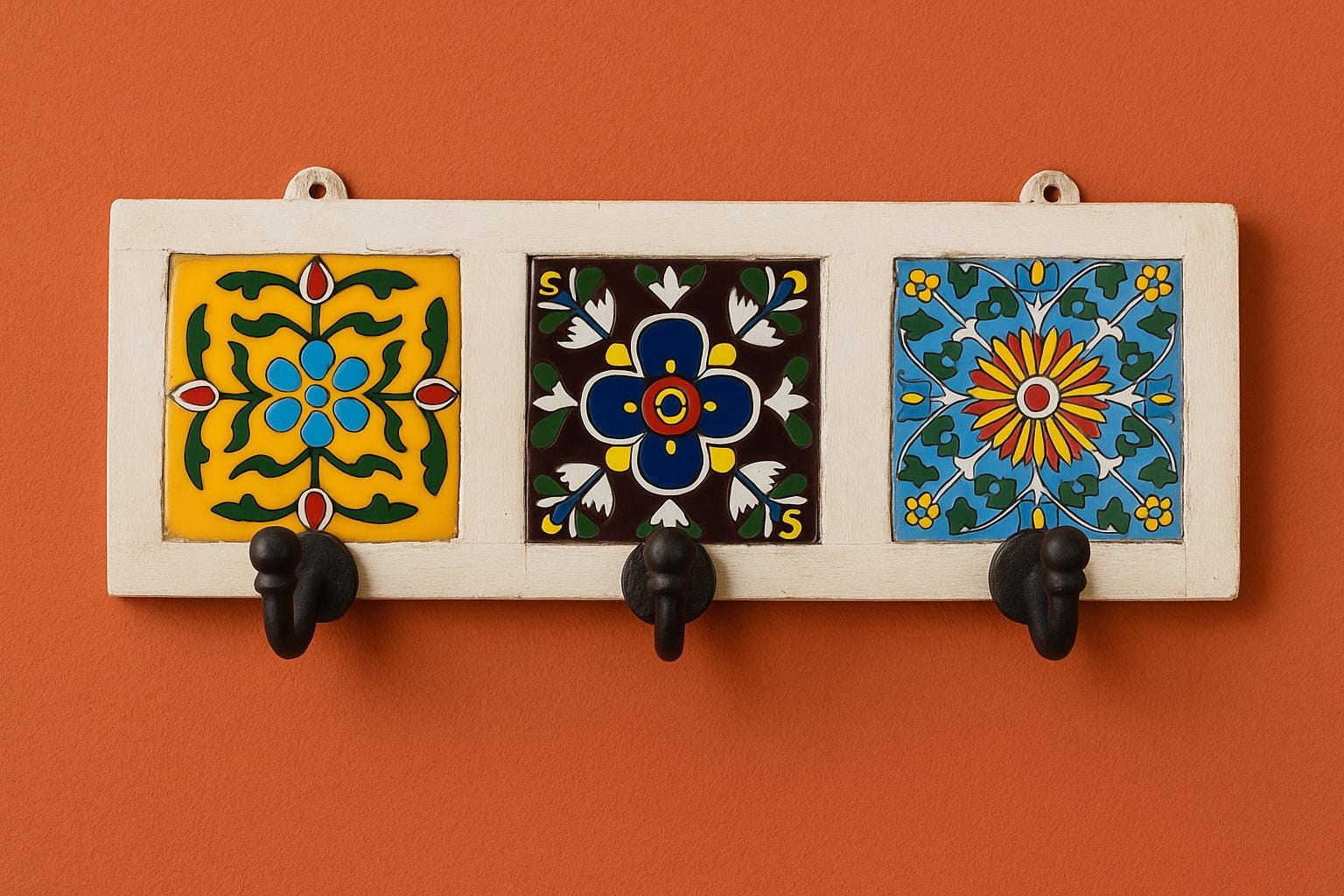 Inlay Ceramic Tile Key Rack  Wooden Wall Hook for Entryway or Office