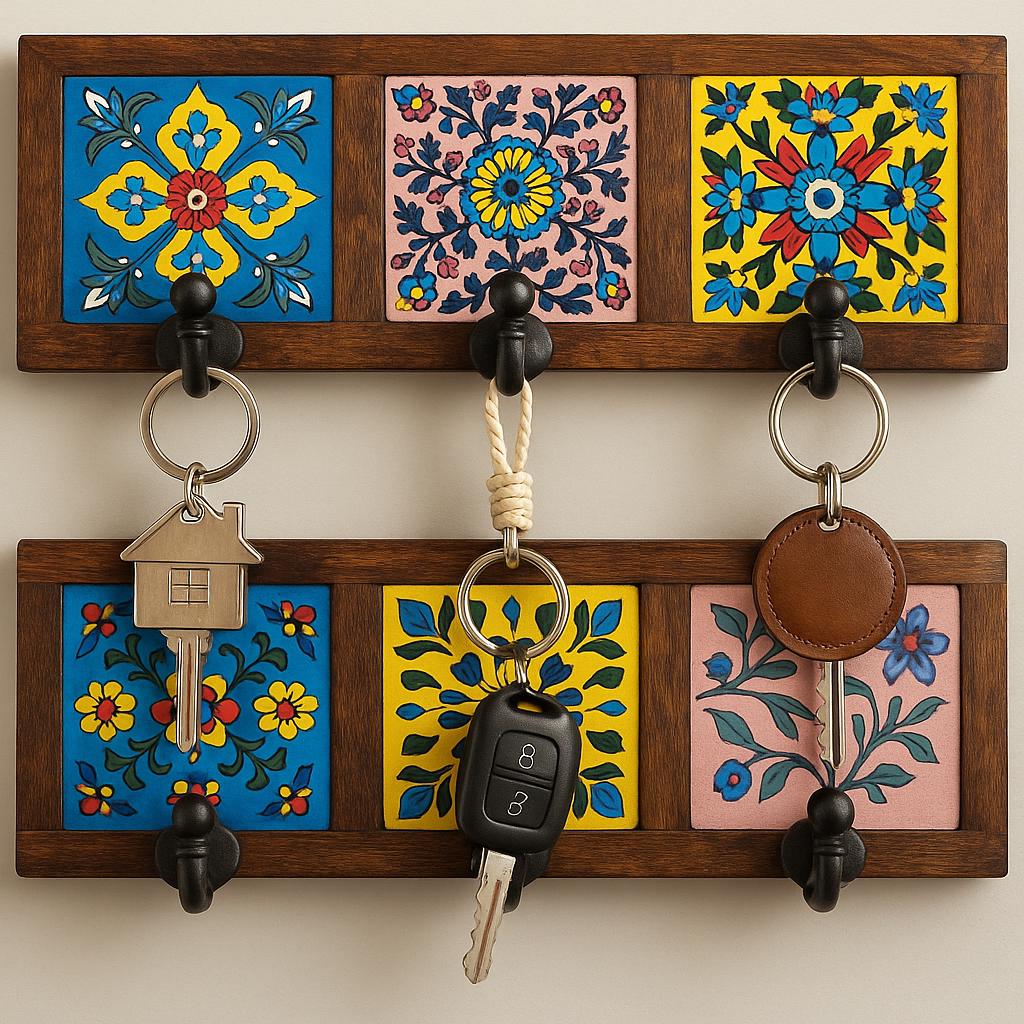 Ceramic Tile Key Rack - Wooden Wall Hook