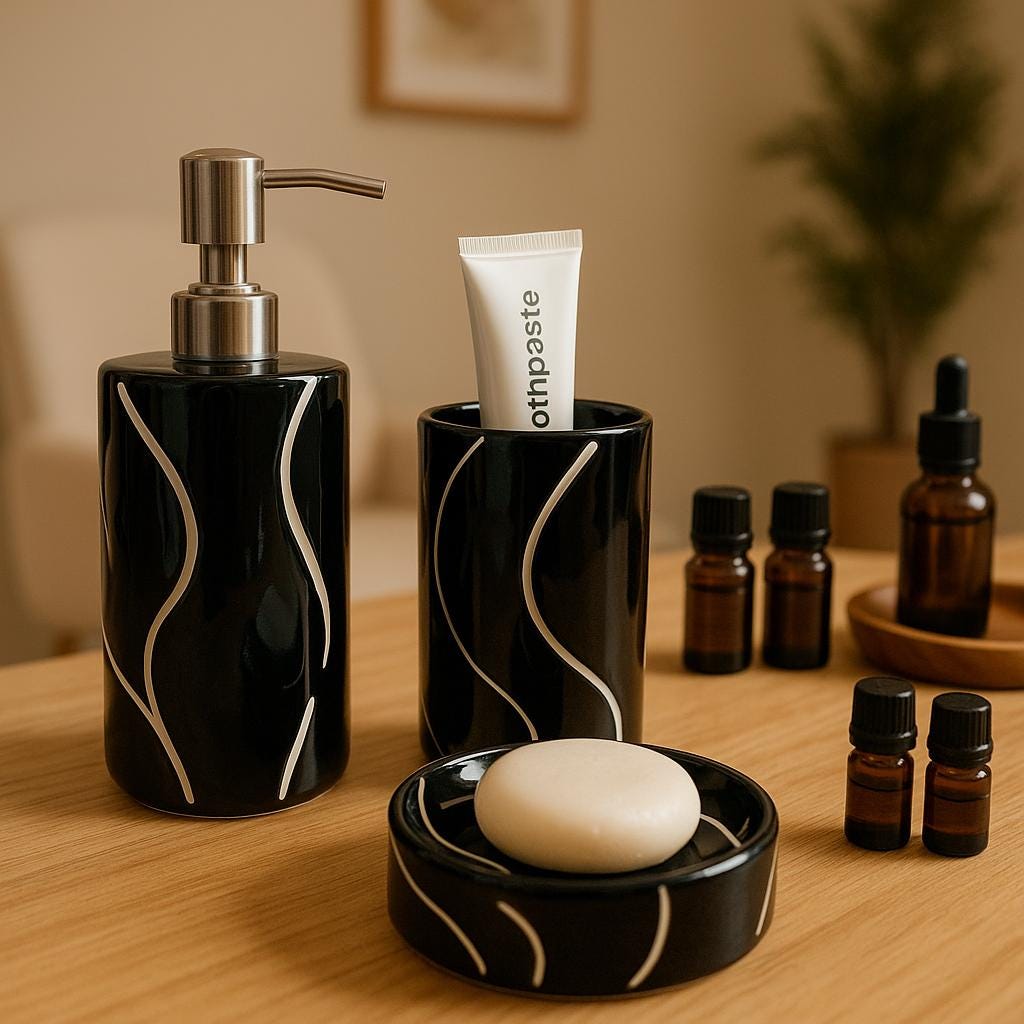 Handmade Ceramic Bathroom 3 Piece Set: Minimalist Black Line