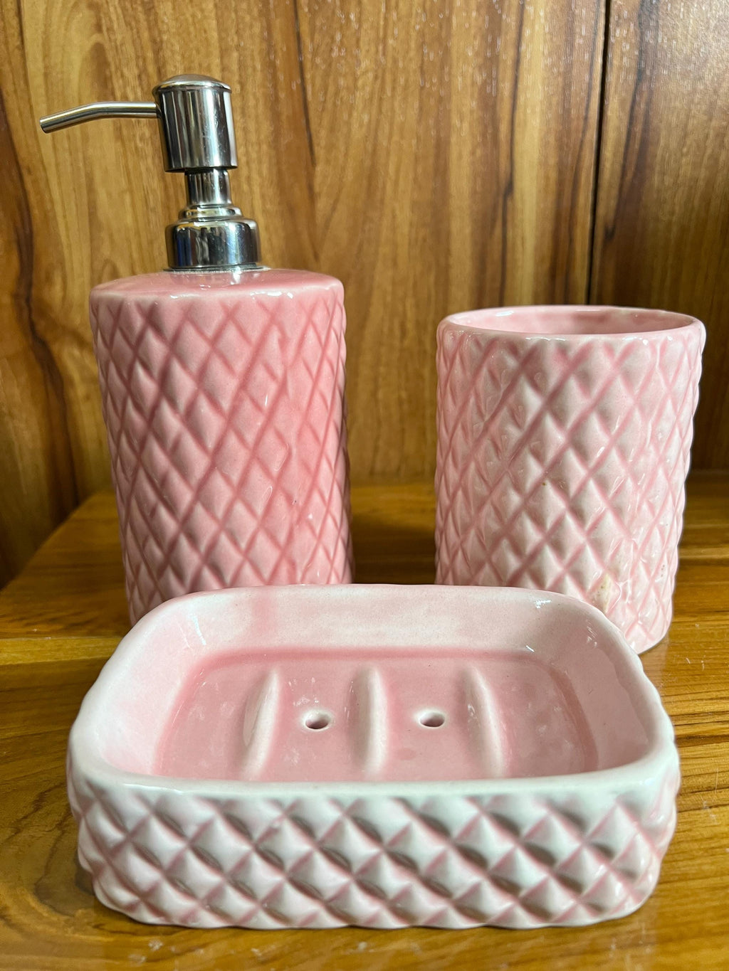 Pink Geometric Bathroom Accessories 3-PIECE Set - Soap Dispenser, Toothbrush Holder, Tray