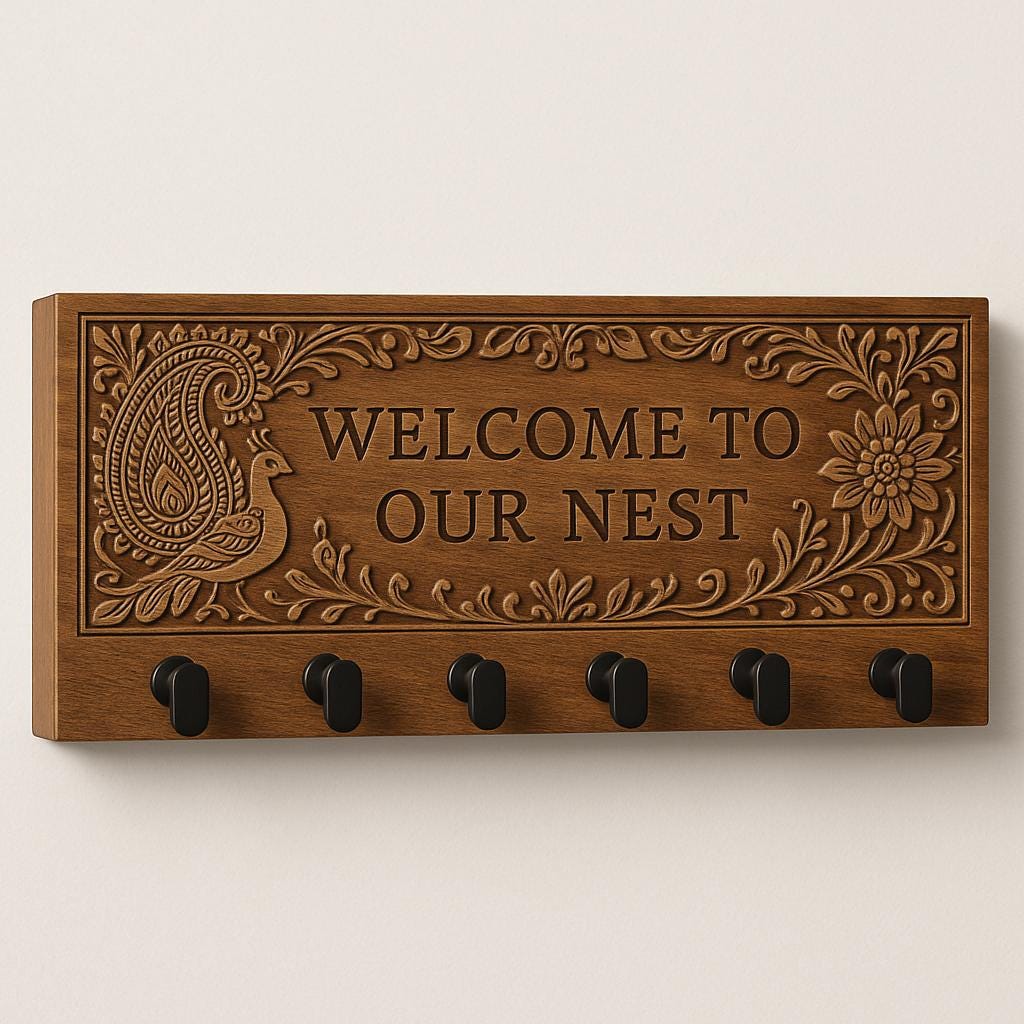 Text Carved Wall Key Rack - 6 Black Hooks