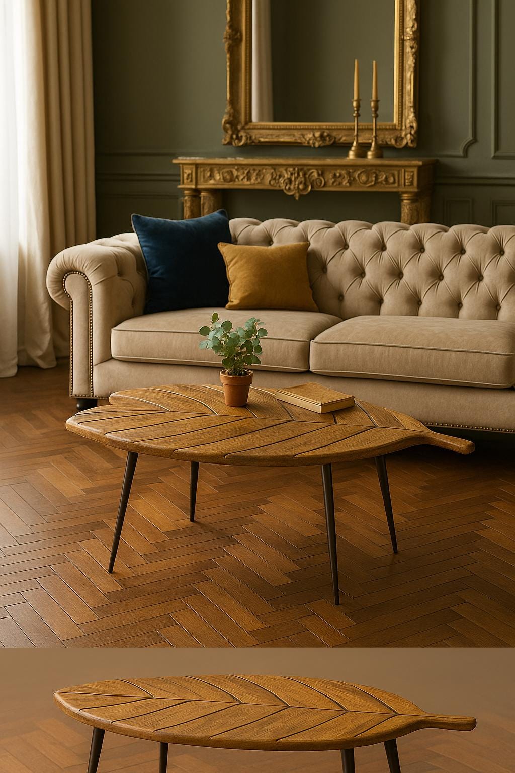 Wooden Table  Handmade Eucalyptus Leaf shape table  | Modern Plant Inspired Wood Table | Unique Leaf Shaped Furniture for Living Room