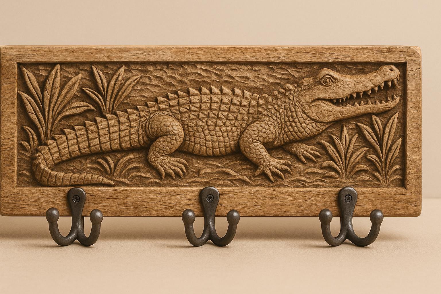 Wooden Wall Key Holder - 6 Hooks Crocodile