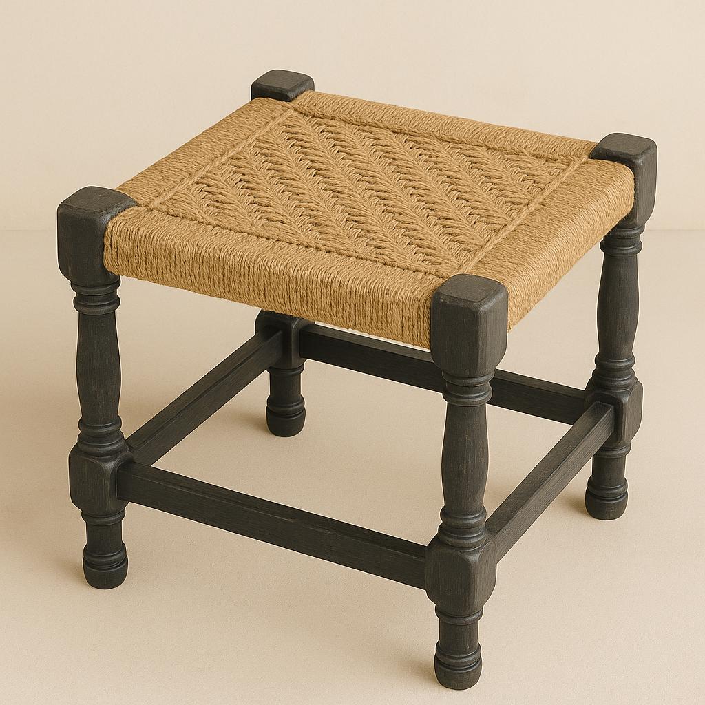 High-Gloss Teak Stool  Accent Corners | Modern Rustic Jute Stool