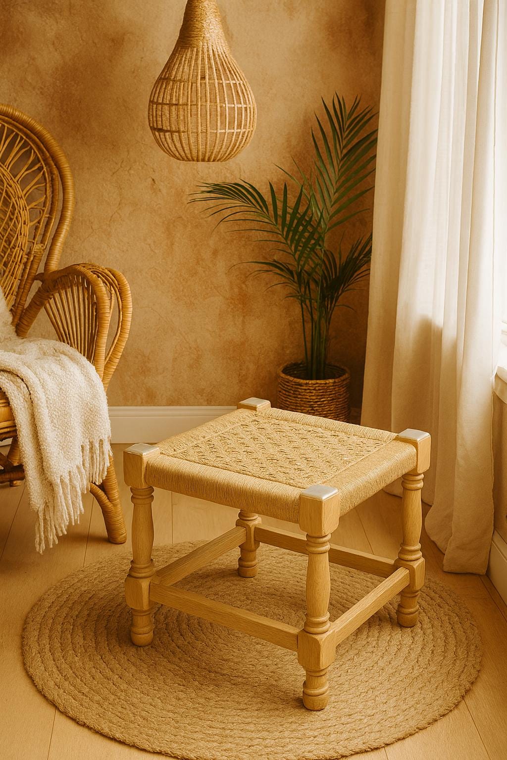 High-Gloss Teak Stool  Accent Corners | Modern Rustic Jute Stool