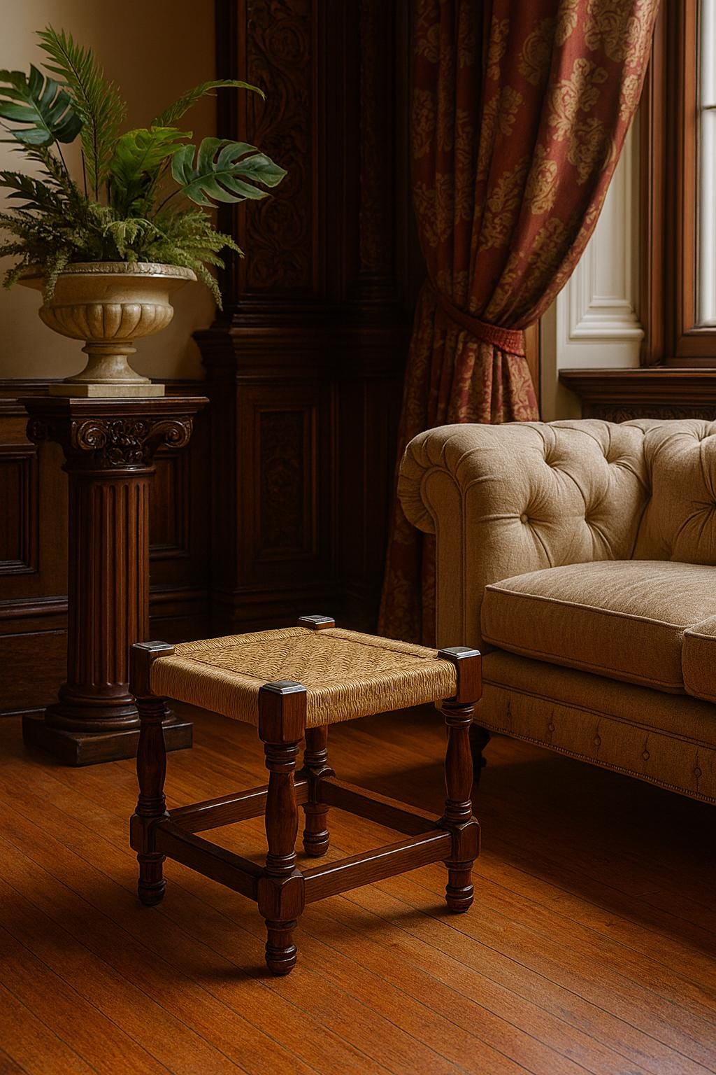 High-Gloss Teak Stool  Accent Corners | Modern Rustic Jute Stool