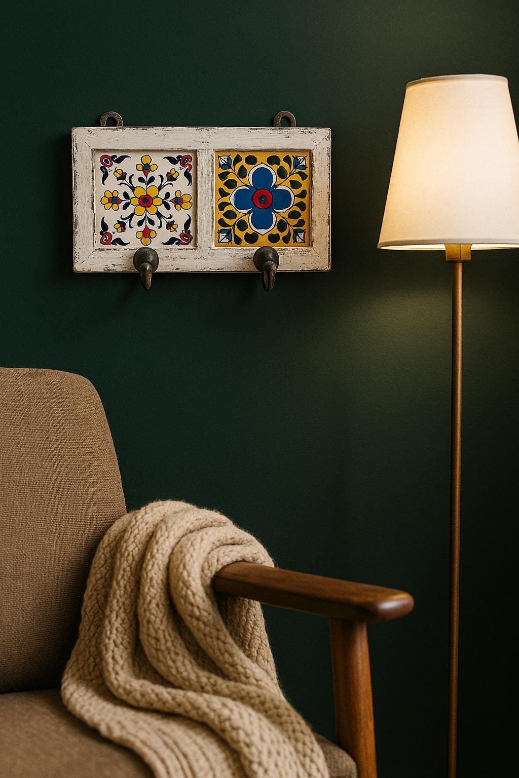 Bohemian Entryway Wall Hook  White Wooden Key Rack with Ceramic Tile Inlay - Modern Entryway Organizer