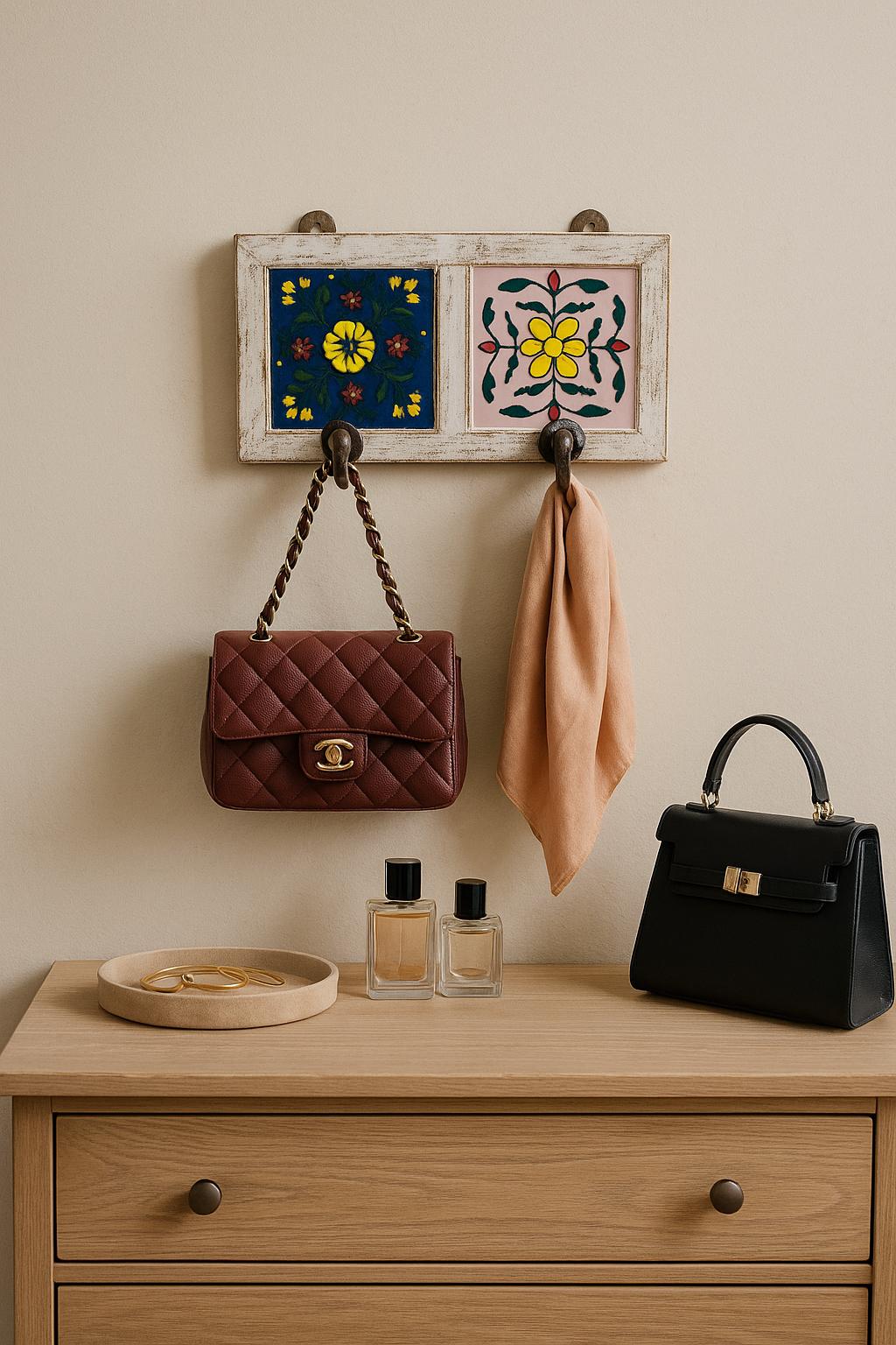 Bohemian Entryway Wall Hook  White Wooden Key Rack with Ceramic Tile Inlay - Modern Entryway Organizer