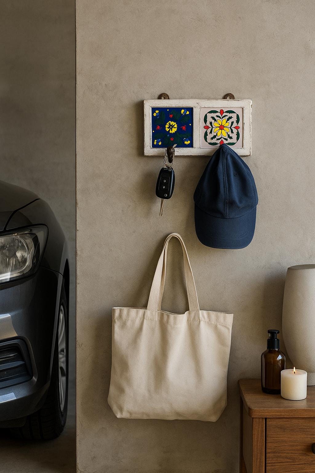 Bohemian Entryway Wall Hook  White Wooden Key Rack with Ceramic Tile Inlay - Modern Entryway Organizer