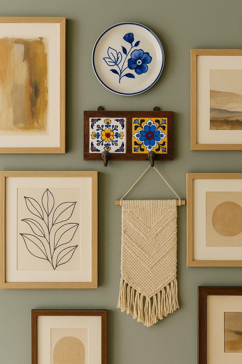 Bohemian Entryway 2 Wall Hook  White Wooden Key Rack with Ceramic Tile Inlay - Modern Entryway Organizer(Tiles design will be Random)