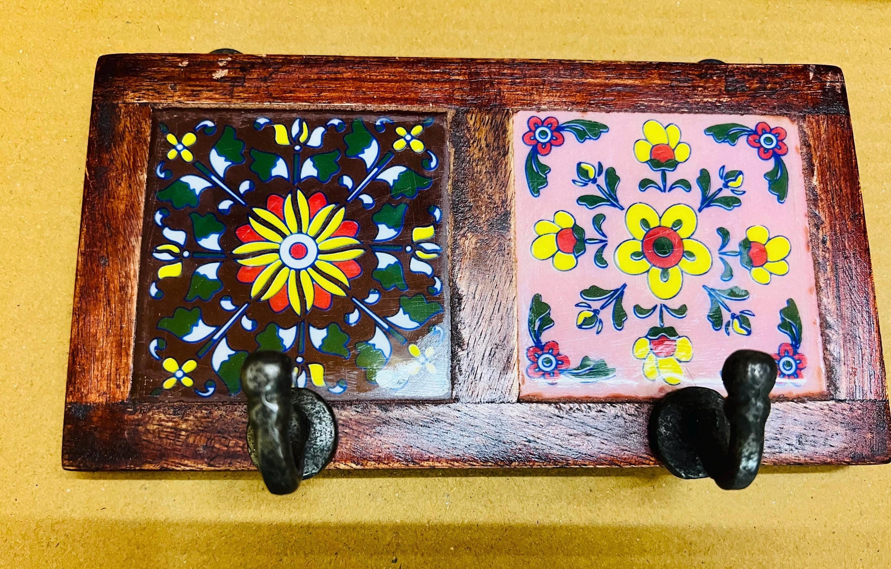 Bohemian Entryway 2 Wall Hook  White Wooden Key Rack with Ceramic Tile Inlay - Modern Entryway Organizer(Tiles design will be Random)