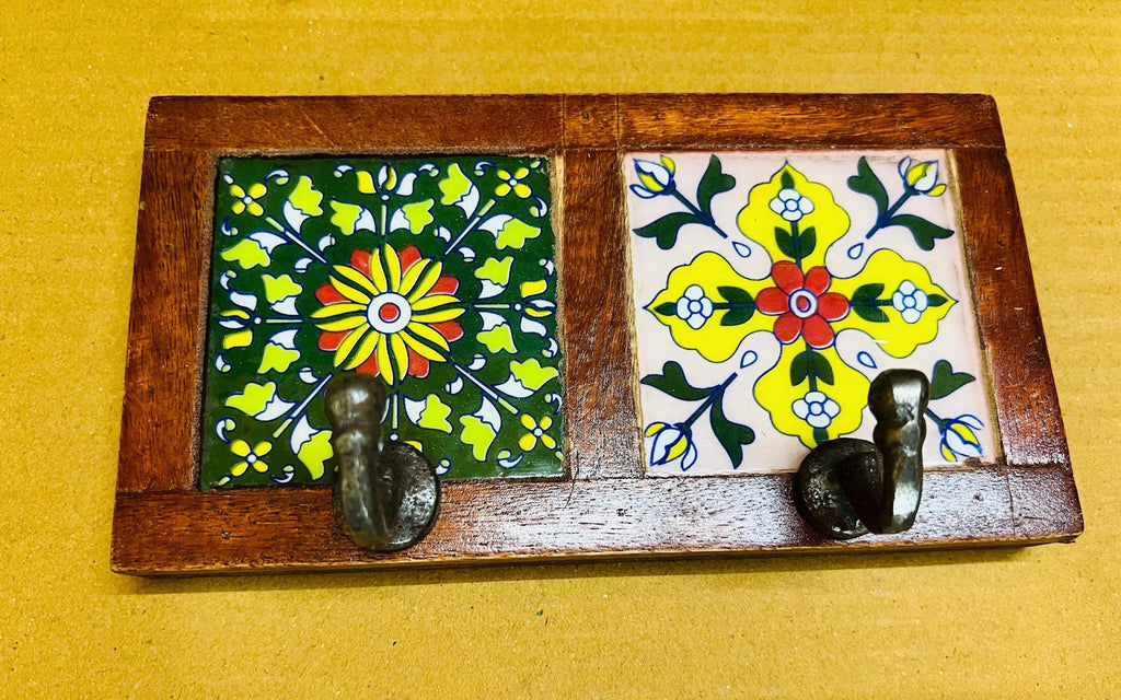 Bohemian Entryway 2 Wall Hook  White Wooden Key Rack with Ceramic Tile Inlay - Modern Entryway Organizer(Tiles design will be Random)