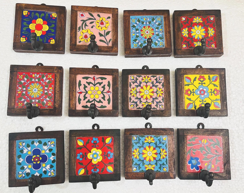 Inlay Ceramic Tile Key Rack  Wooden Wall Hook for Entryway or Office