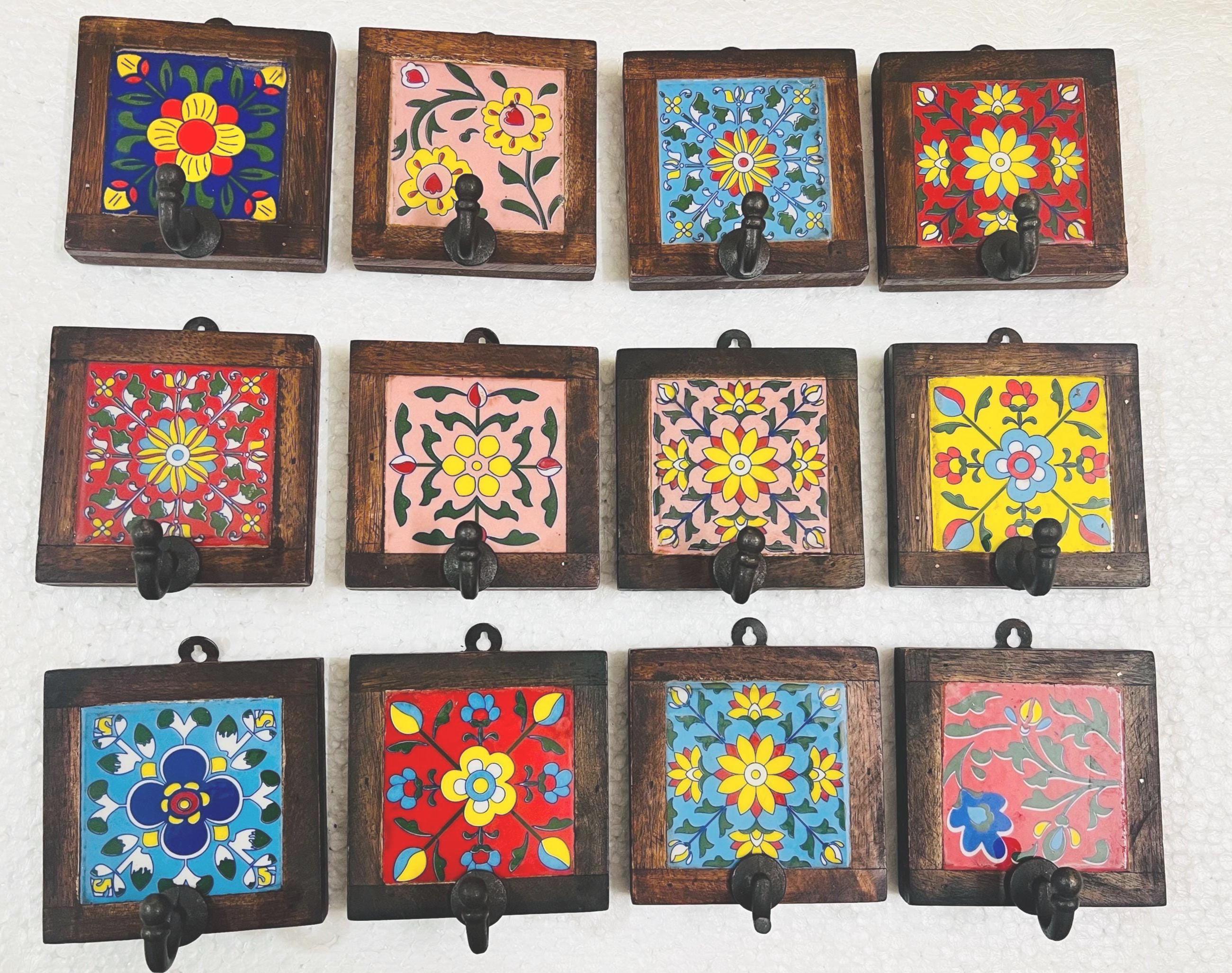 Inlay Ceramic Tile Key Rack  Wooden Wall Hook for Entryway or Office