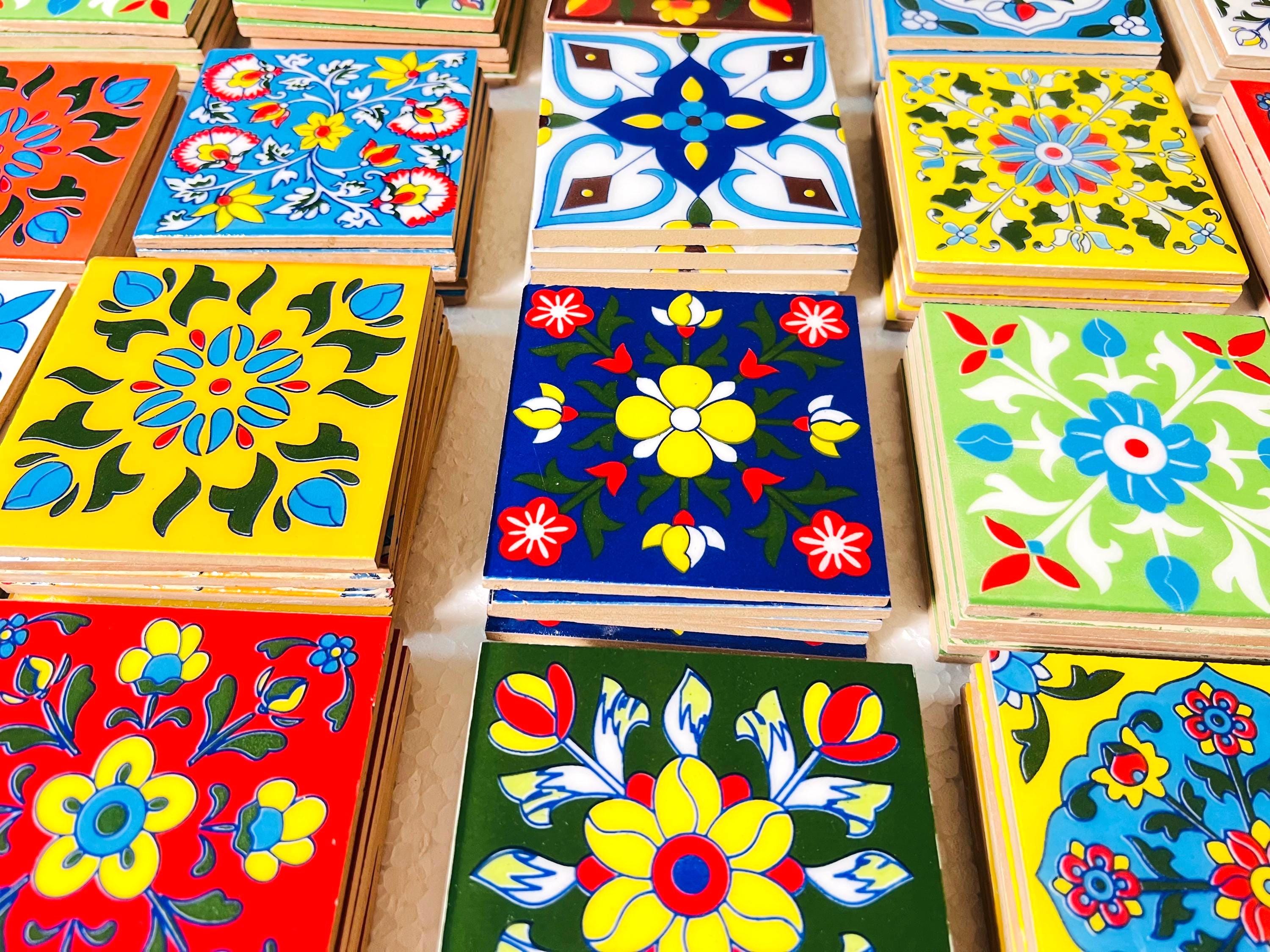 24 Assorted Hand-Painted Tile: Yellow Floral Ceramic Wall Decor,