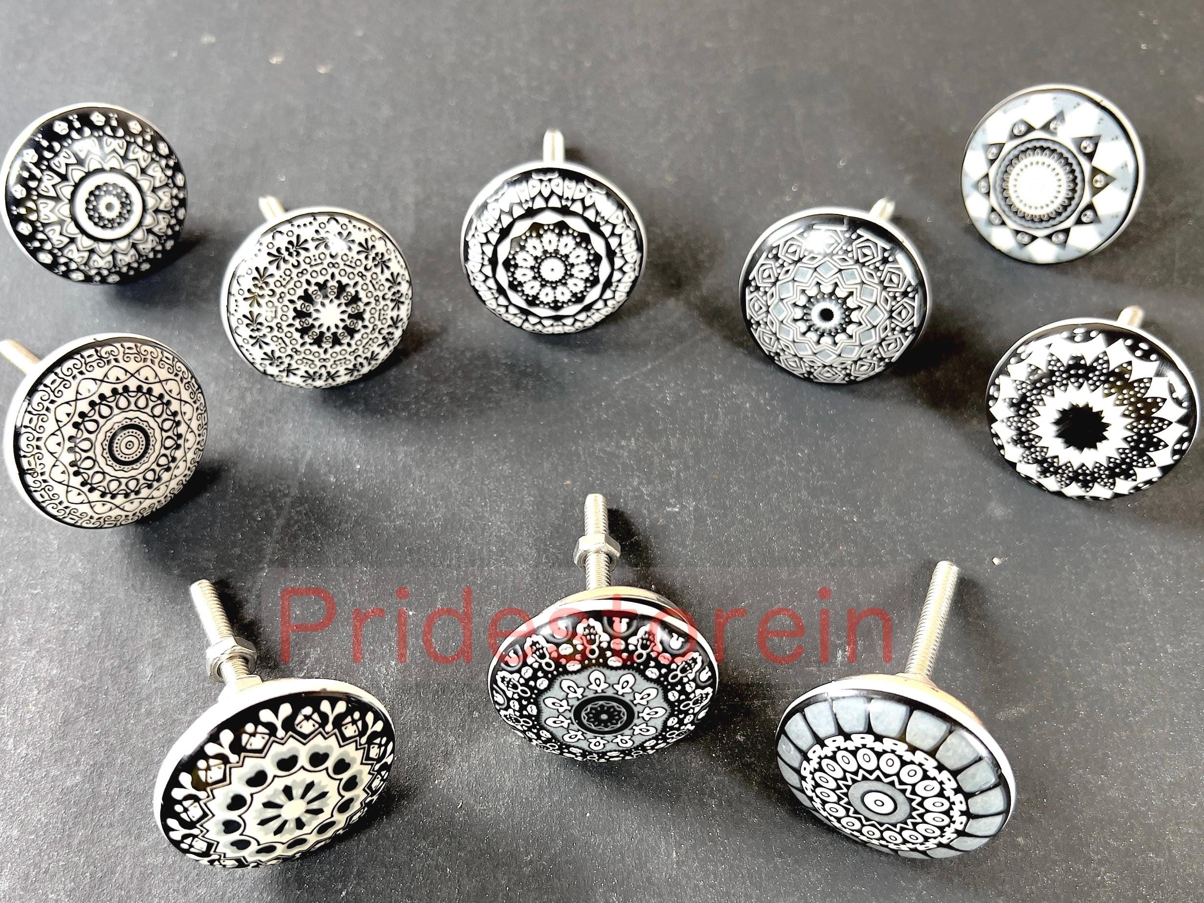 Black White Ceramic  10 Cabinet Knob Set  Mandala Drawer Pull Nuts & Bolts Included
