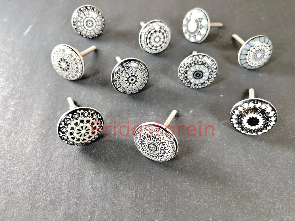 Black White Ceramic  10 Cabinet Knob Set  Mandala Drawer Pull Nuts & Bolts Included