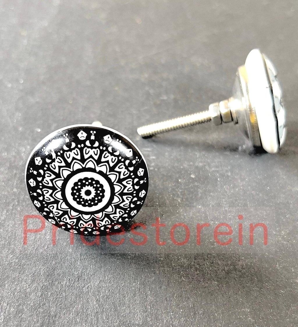 Black White Ceramic  10 Cabinet Knob Set  Mandala Drawer Pull Nuts & Bolts Included