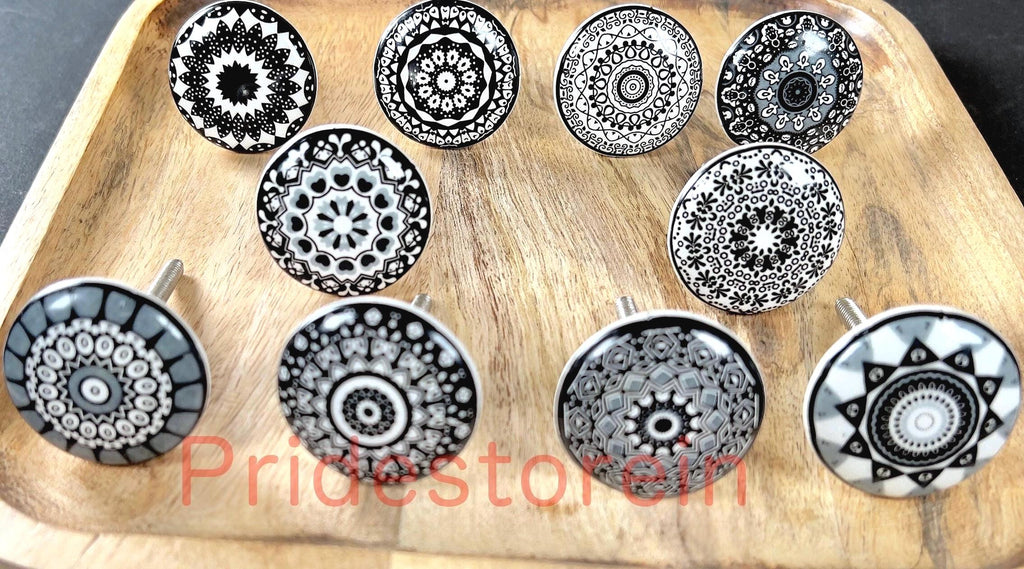 Black White Ceramic  10 Cabinet Knob Set  Mandala Drawer Pull Nuts & Bolts Included