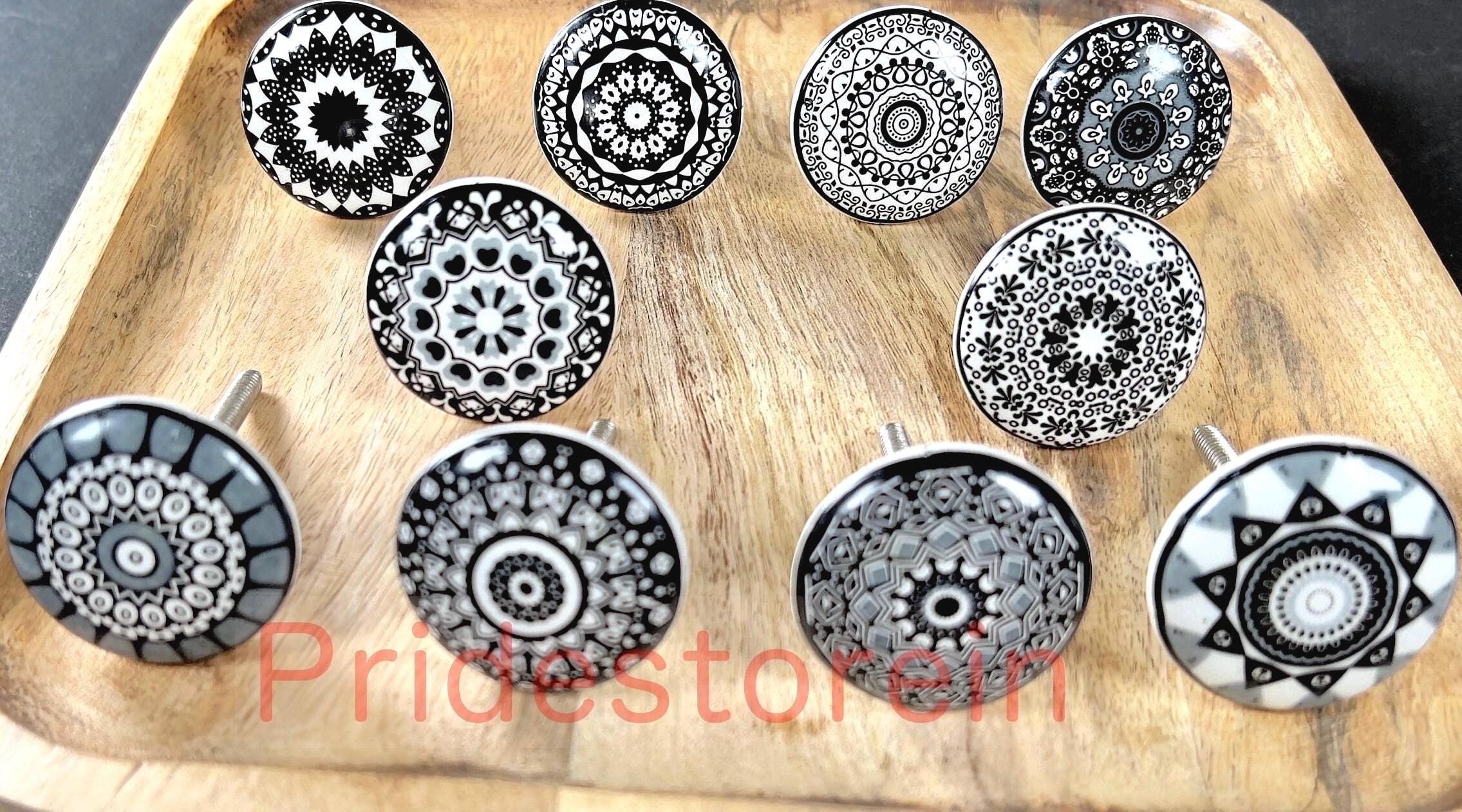 Black White Ceramic  10 Cabinet Knob Set  Mandala Drawer Pull Nuts & Bolts Included