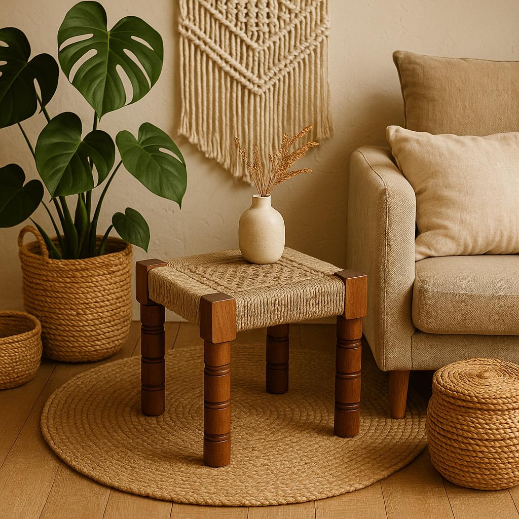 Modern minimalism Handcrafted Wooden Charpai Stool  Rope Woven Accent Table, Footrest, Plant Stand, Bedside Stool, Rustic Boho Furniture