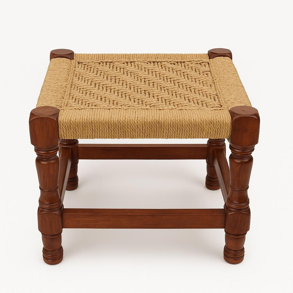 Handwoven Jute Stool - Wooden Charpai Footrest