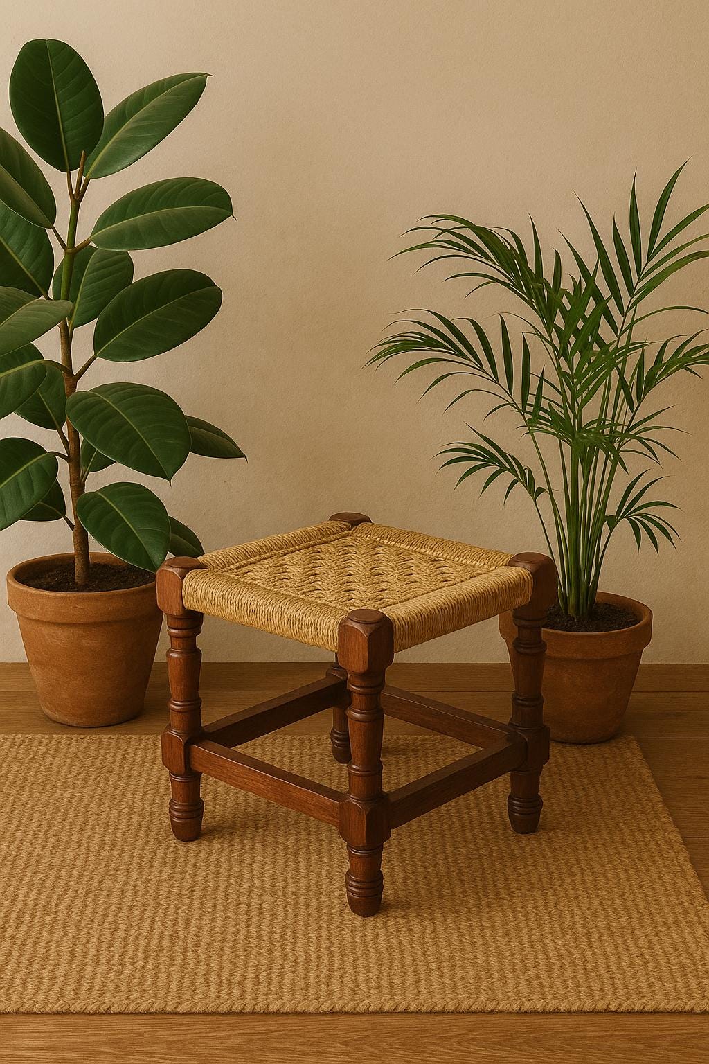 Handwoven Jute Stool - Wooden Charpai Footrest