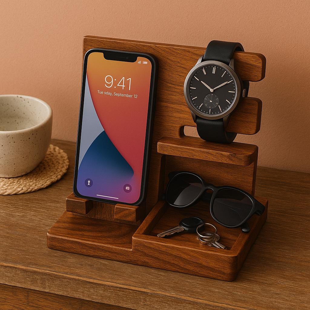 Handcrafted Teak Wood Desk Organizer  Multi-Slot Phone & Pen Holder