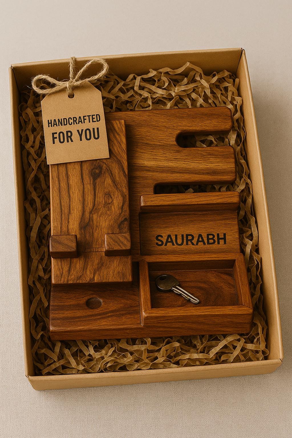 Handcrafted Teak Wood Desk Organizer  Multi-Slot Phone & Pen Holder