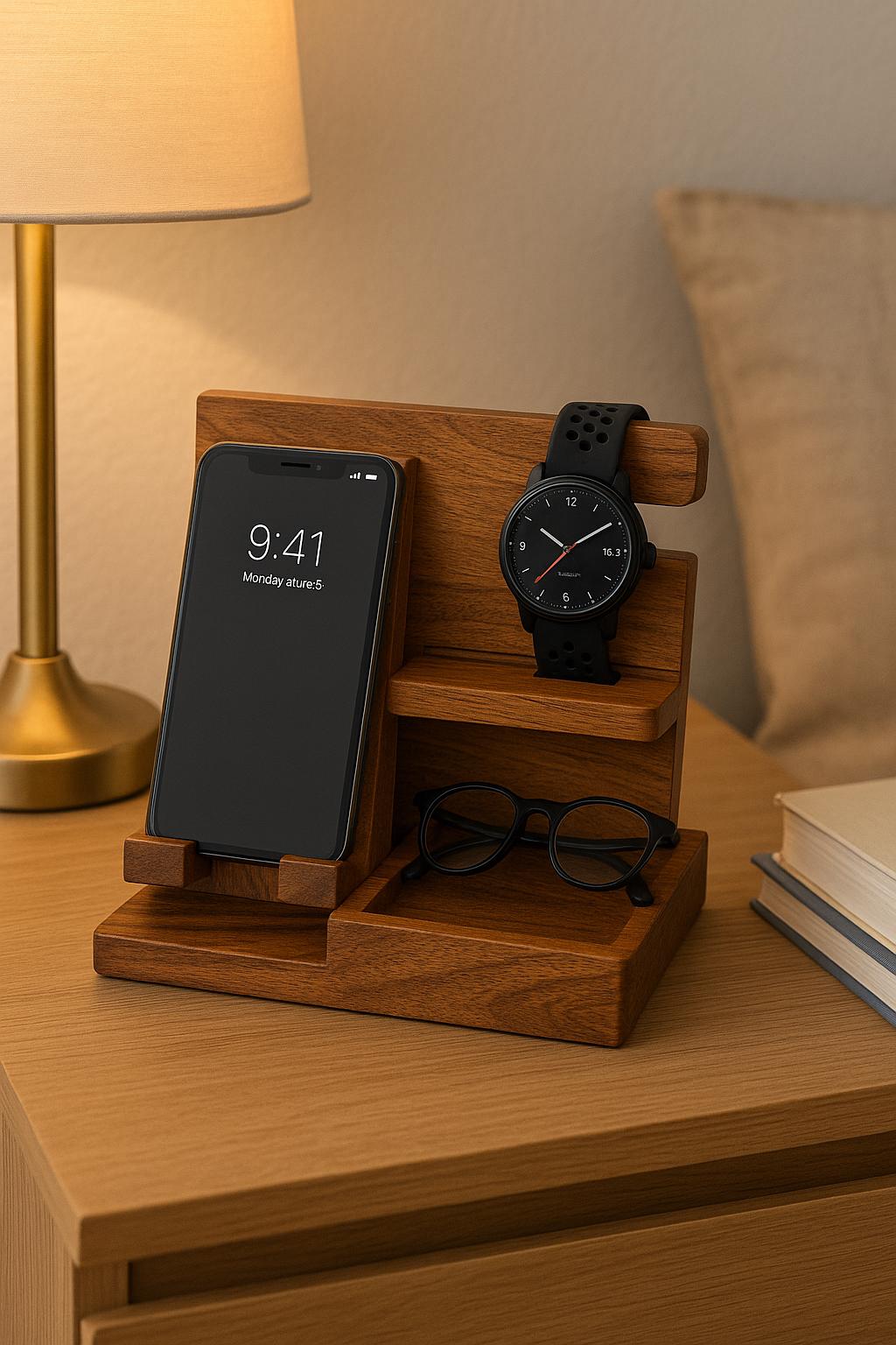 Handcrafted Teak Wood Desk Organizer  Multi-Slot Phone & Pen Holder