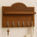 Teak Wood Key Holder with Shelf | Floral Carved Entryway Organizer