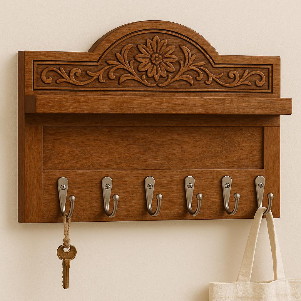 Teak Wood Key Holder with Shelf | Floral Carved Entryway Organizer