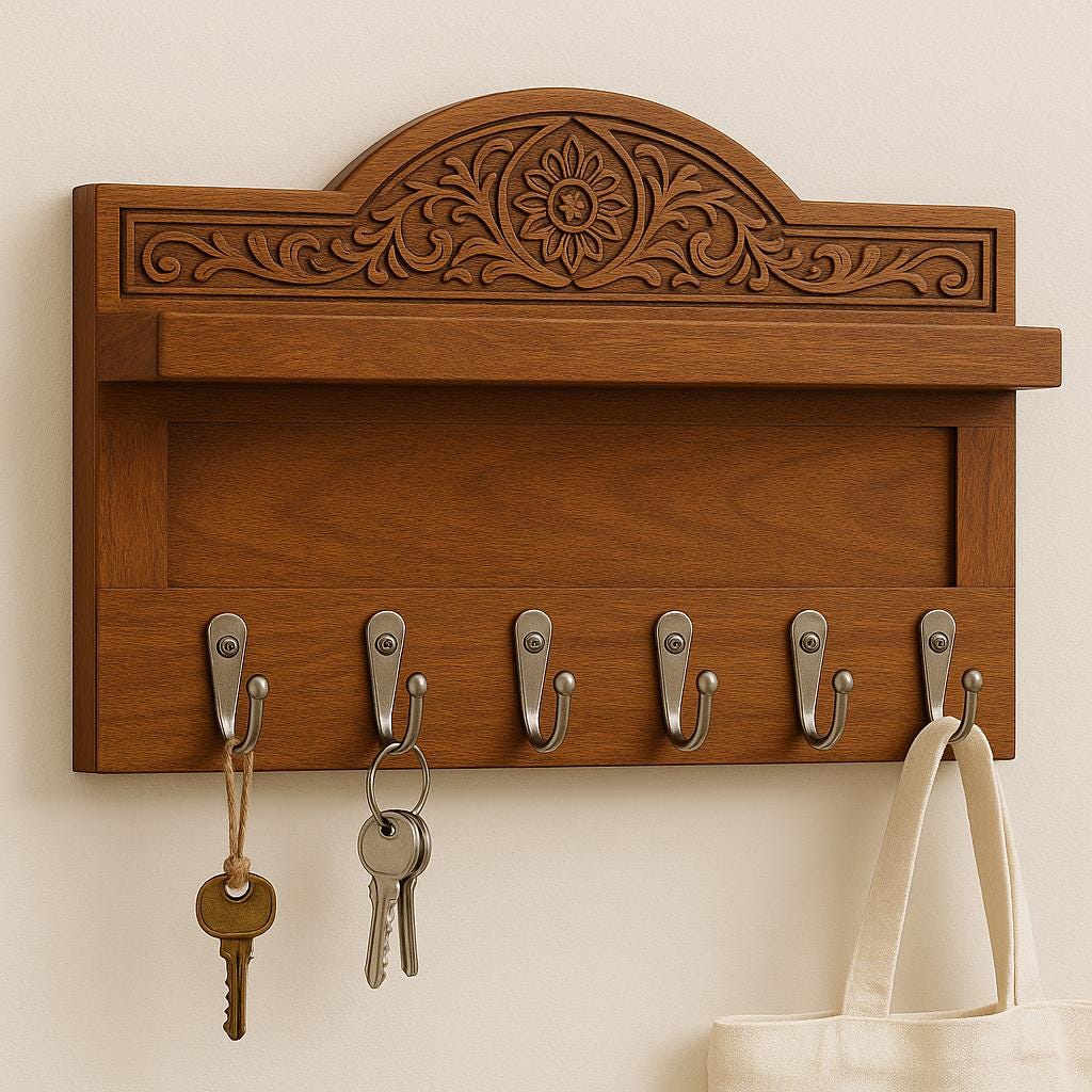 Teak Wood Key Holder with Shelf | Floral Carved Entryway Organizer