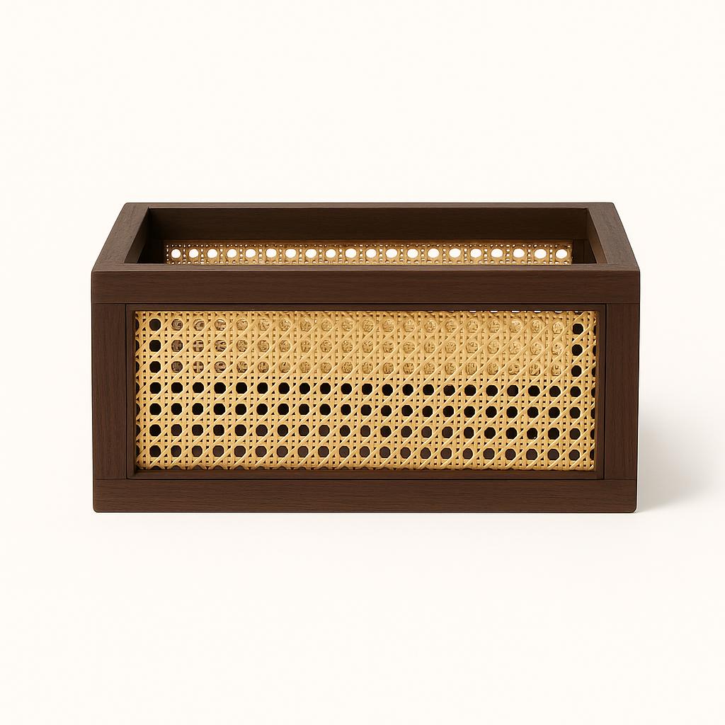 Handmade Teak Wood Cane Organizer | Rustic Desk Storage Box