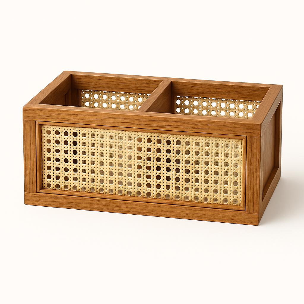 Handmade Teak Wood Cane Organizer | Rustic Desk Storage Box