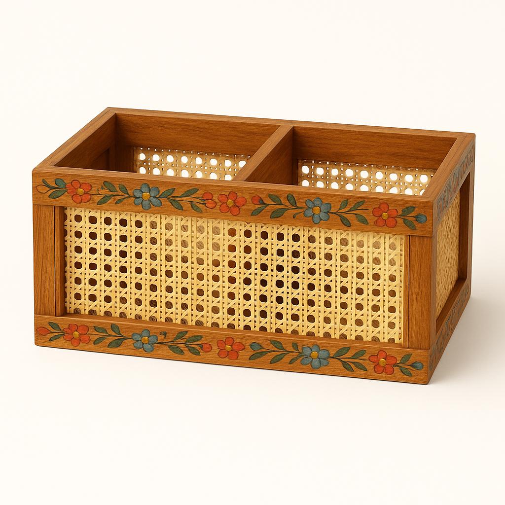 Handmade Teak Wood Cane Organizer | Rustic Desk Storage Box