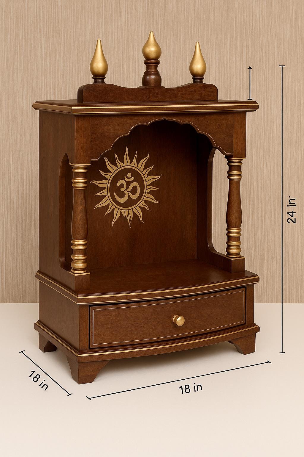 Wooden Pooja Mandir - Golden Kalash Motif