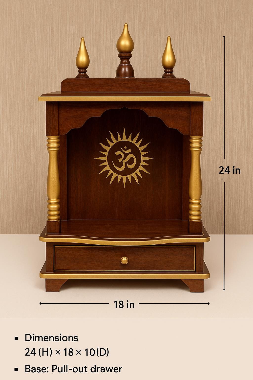 Wooden Pooja Mandir - Golden Kalash Motif